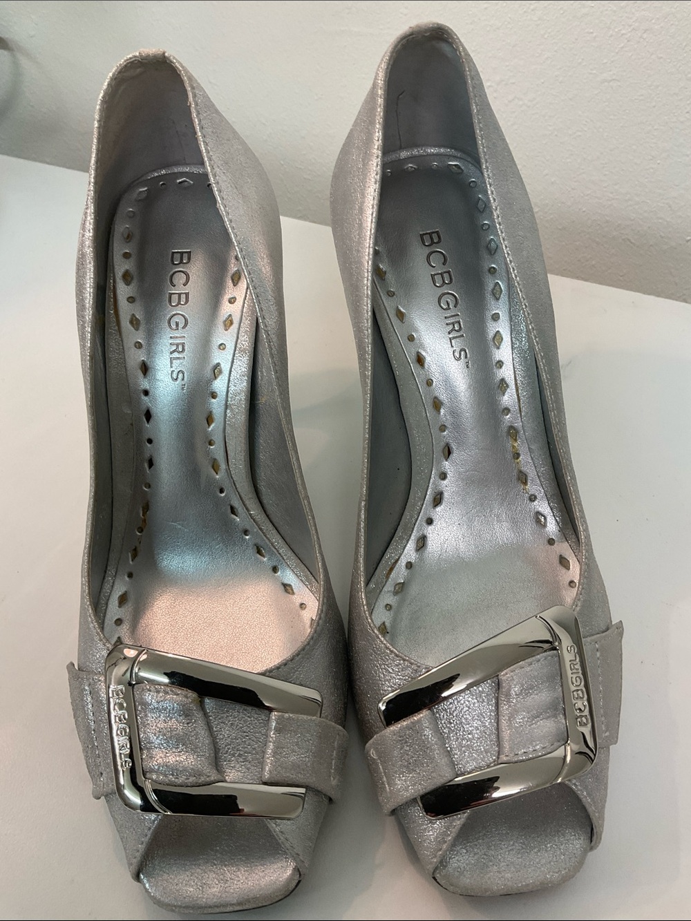 BCBGirls Silver Metallic Suede Peep-Toe Heels with Buckle Accent Size 6.5